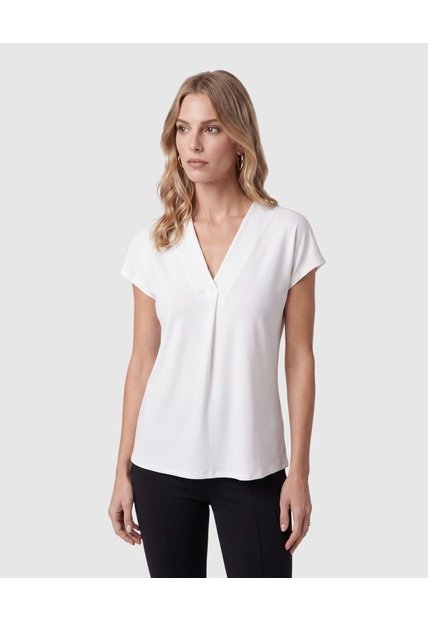 Camiseta Cuello V Plisada Manga Casquillo Mujer  Para Mujer Blanco Patprimo