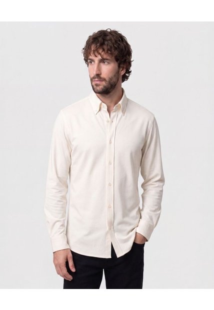 Camisa Unicolor Con Cuello De Botón   Para Hombre Crema Patprimo