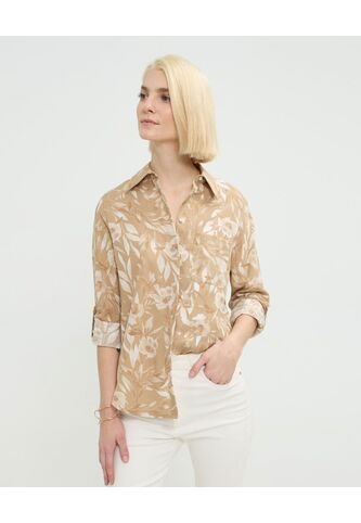 Camisa Manga Larga Con Bolsillo Estampada En Lino  Para Mujer Café Patprimo Patprimo