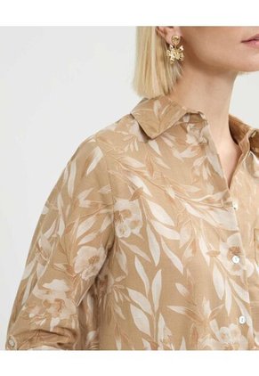 Camisa Manga Larga Con Bolsillo Estampada En Lino  Para Mujer Café Patprimo