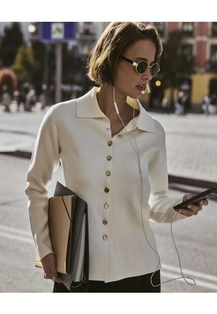 Cárdigan De Punto Con Cuello Camisero   Para Mujer Crudo Patprimo