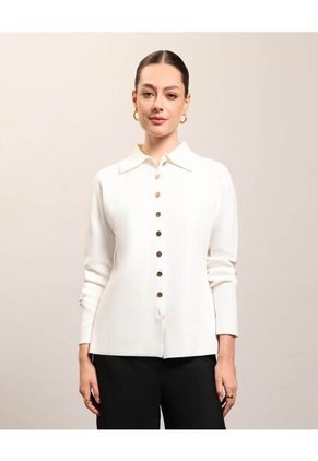 Cárdigan De Punto Con Cuello Camisero   Para Mujer Crudo Patprimo
