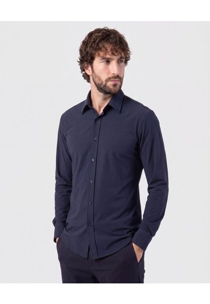 Camisa Slim Fit De Punto Antiarrugas  Para Hombre Azul Patprimo