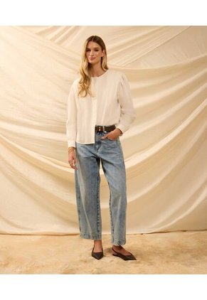 Blusa De Cuello Redondo Con Alforzas   Para Mujer Crema Patprimo