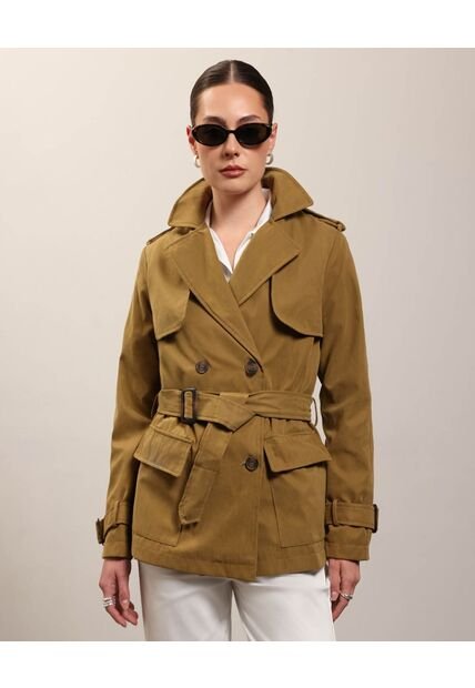 Chaqueta Trench Unicolor Con Cinturon   Para Mujer Verde Patprimo