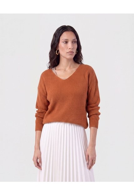 Saco Tejido En Rib Con Cuello En V   Para Mujer Naranja Patprimo