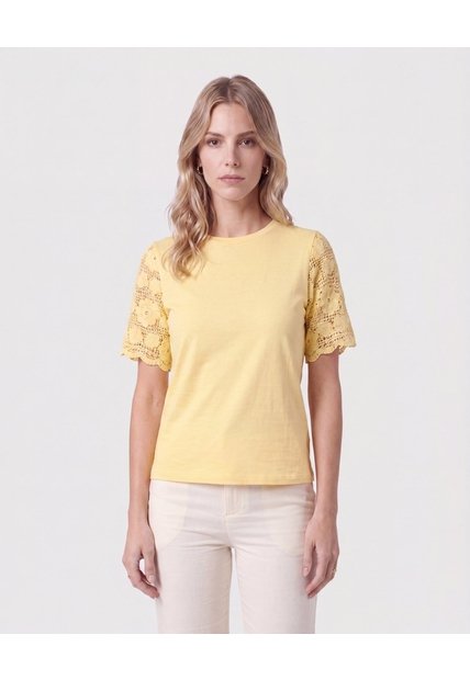 Camiseta Con Mangas De Encaje   Para Mujer Amarillo Patprimo