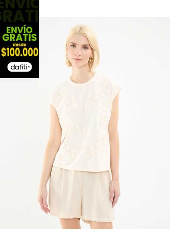 Camiseta Para Mujer Manga Corta Cuello Redondo Color Crema Marca Patprimo #30093590 Patprimo