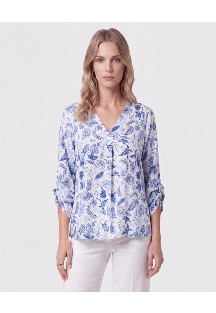Blusa Cuello V Manga 3/4   Para Mujer Azul Patprimo