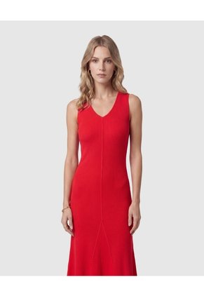Vestido Midi Tejido Cuello V Para Mujer Rojo Patprimo