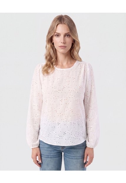 Blusa Bordado Suizo Manga Larga   Para Mujer Blanco Patprimo