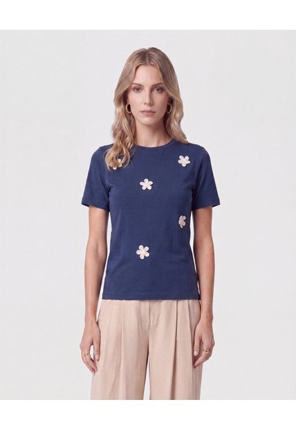 Camiseta Con Apliques Tejidos   Para Mujer Azul Patprimo