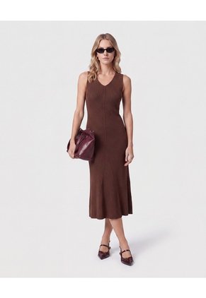 Vestido Midi Tejido Cuello V Para Mujer Café Patprimo