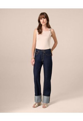 Jeans Straight Con Bota Doblada   Para Mujer Azul Patprimo