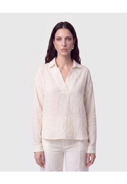 Camisa Escote En V Con Cuello   Para Mujer Crema Patprimo