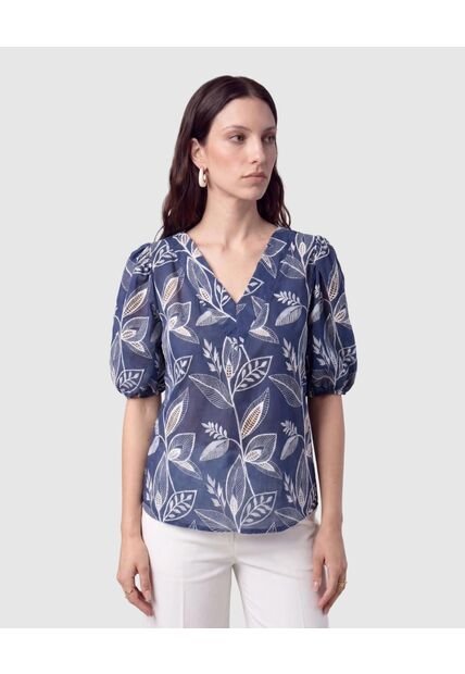 Blusa Cuello En V Manga Globo   Para Mujer Azul Patprimo