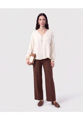 Blusa Botonadura Y Escote En V Para Mujer Beige Patprimo