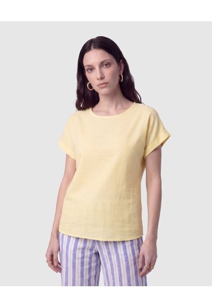 Blusa Manga Doblez Cuello Redondo   Para Mujer Amarillo Patprimo