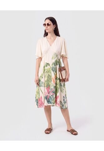 Vestido Escote En V Con Prenses   Para Mujer Crema Patprimo Patprimo