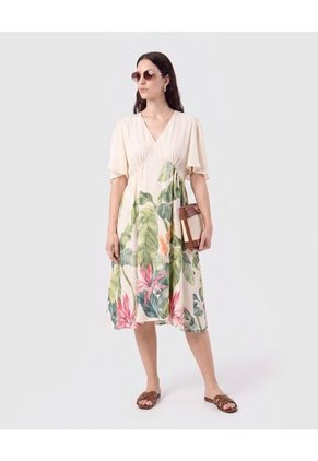 Vestido Escote En V Con Prenses Para Mujer Crema Patprimo