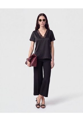 Blusa Unicolor Con Encaje Para Mujer Negro Patprimo