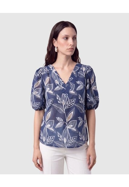 Blusa Cuello En V Manga Globo   Para Mujer Azul Patprimo