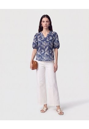 Blusa Cuello En V Manga Globo   Para Mujer Azul Patprimo