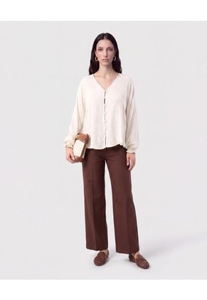 Blusa Botonadura Y Escote En V   Para Mujer Beige Patprimo