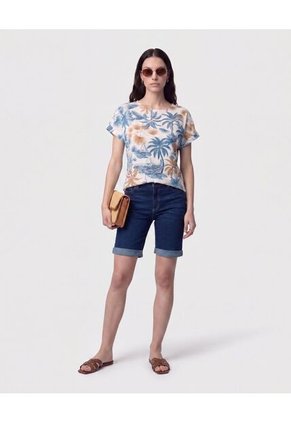 Blusa Manga Doblez Cuello Redondo Para Mujer Azul Patprimo