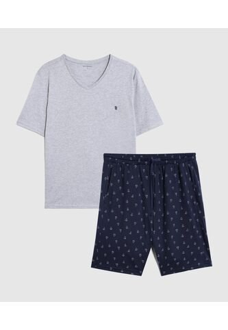Pijama De Dos Piezas Con Camiseta Cuello En V Y Short Estampado  Para Hombre Gris Patprimo Patprimo