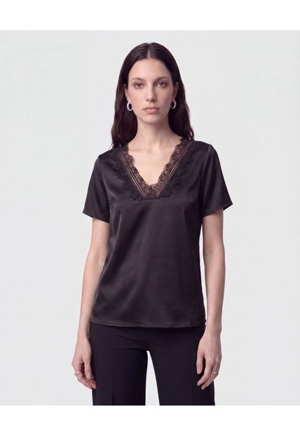 Blusa Unicolor Con Encaje   Para Mujer Negro Patprimo