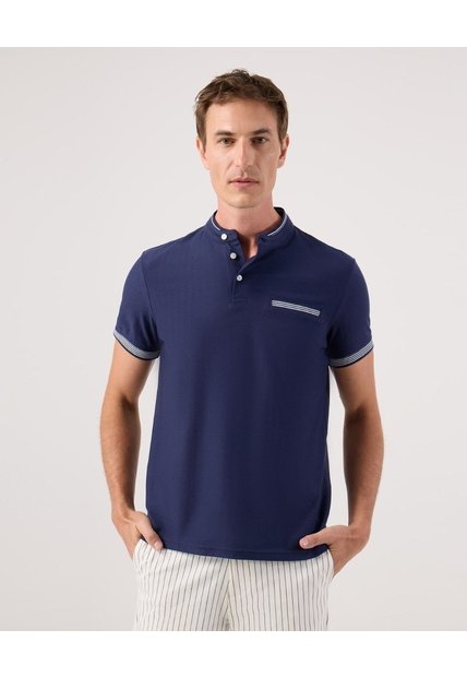 Polo Cuello Mao Con Bolsillo Ribete Texturizada  Para Hombre Azul Patprimo