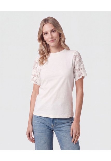 Camiseta Con Mangas De Encaje   Para Mujer Blanco Patprimo