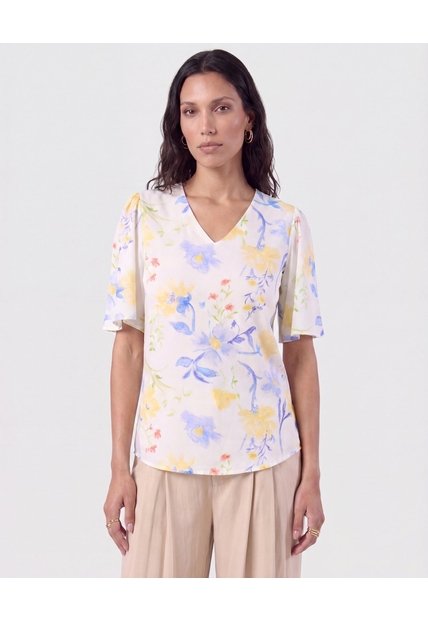 Blusa Cuello En V Manga Fluda   Para Mujer Amarillo Patprimo