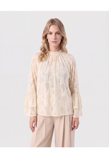 Blusa Encaje Manga Volante   Para Mujer Beige Patprimo