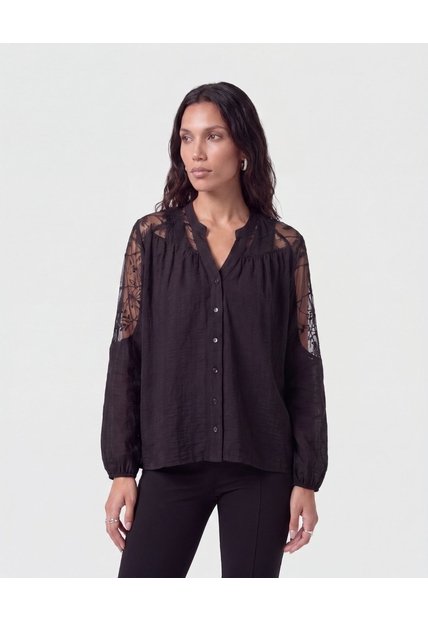 Blusa Con Mangas De Encaje   Para Mujer Negro Patprimo