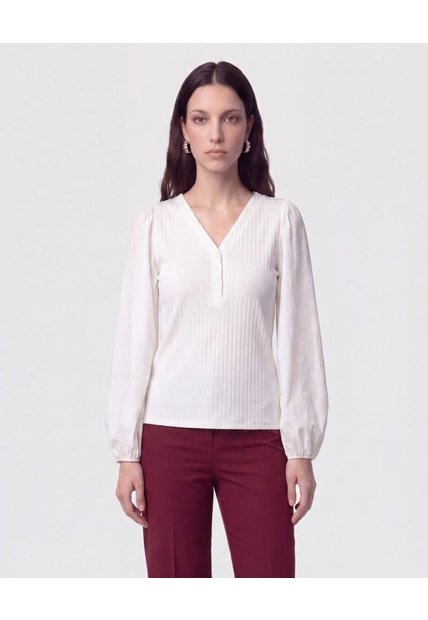 Camiseta Cuello En V Acanalada   Para Mujer Blanco Patprimo