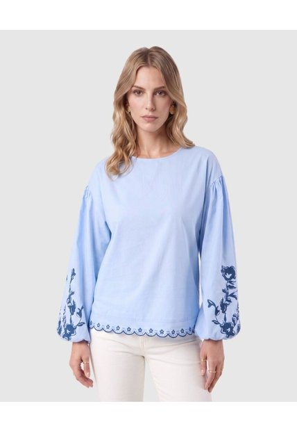 Blusa Manga Abullonada Con Bordados Mujer  Para Mujer Azul Patprimo