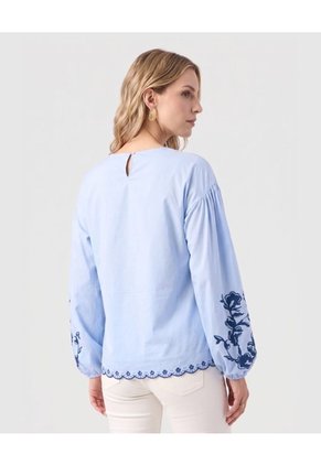 Blusa Manga Abullonada Con Bordados Mujer  Para Mujer Azul Patprimo