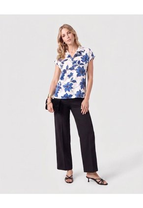 Blusa Cuello Camisero Manga Corta Mujer  Para Mujer Azul Patprimo