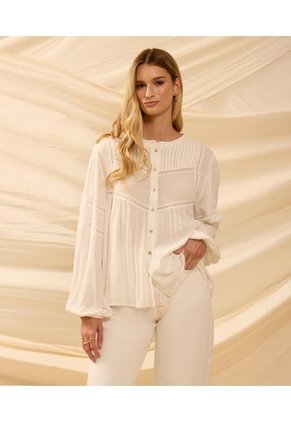 Blusa Unicolor Con Encaje   Para Mujer Blanco Patprimo