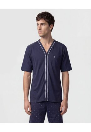 Pijama Corta Abotonada Estampada Para Hombre Azul Patprimo