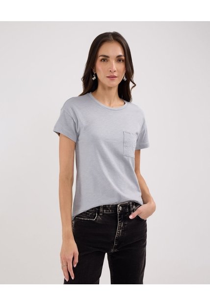 Camiseta Manga Corta Unicolor, Cuello Redondo, Bolsillo Con Pedreria  Para Mujer Gris Patprimo