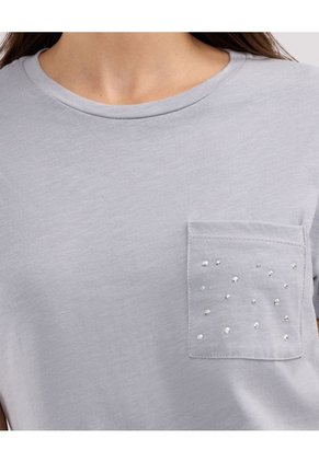 Camiseta Manga Corta Unicolor, Cuello Redondo, Bolsillo Con Pedreria  Para Mujer Gris Patprimo