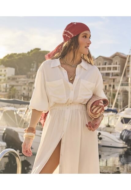 Vestido Largo Camisero Con Bolsillos   Para Mujer Crema Patprimo