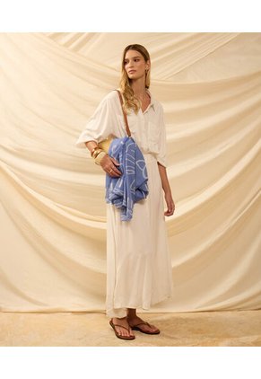 Vestido Largo Camisero Con Bolsillos   Para Mujer Crema Patprimo