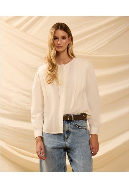 Blusa De Cuello Redondo Con Alforzas   Para Mujer Crema Patprimo