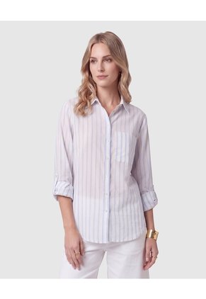 Camisa A Rayas Con Bolsillo Para Mujer Azul Patprimo