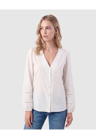 Blusa Cuello En V Detalles Calados Mujer  Blanco Patprimo Patprimo