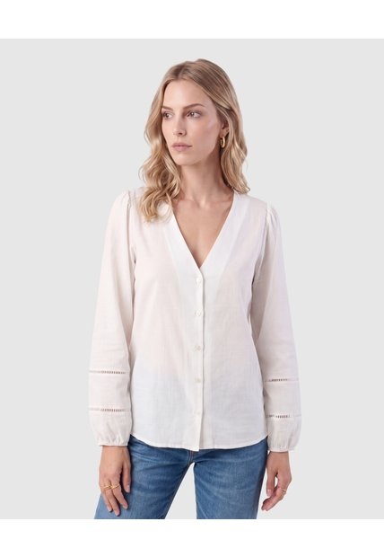 Blusa Cuello En V Detalles Calados Mujer  Blanco Patprimo